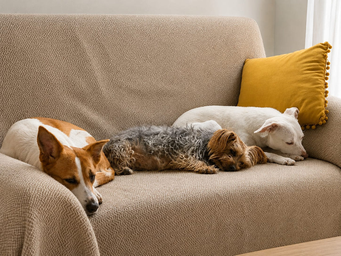 Suli, Abby y Akane descansando juntas en casa sobre un sofá beige iluminado por luz cálida.