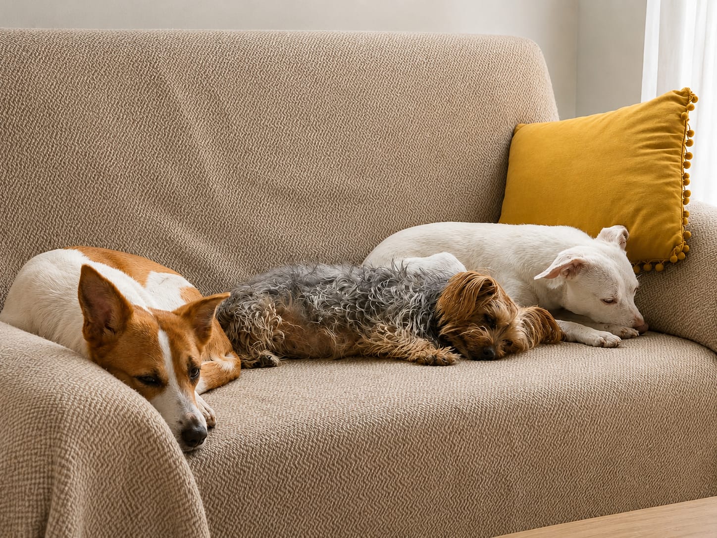 Suli, Abby y Akane descansando juntas en casa sobre un sofá beige iluminado por luz cálida.
