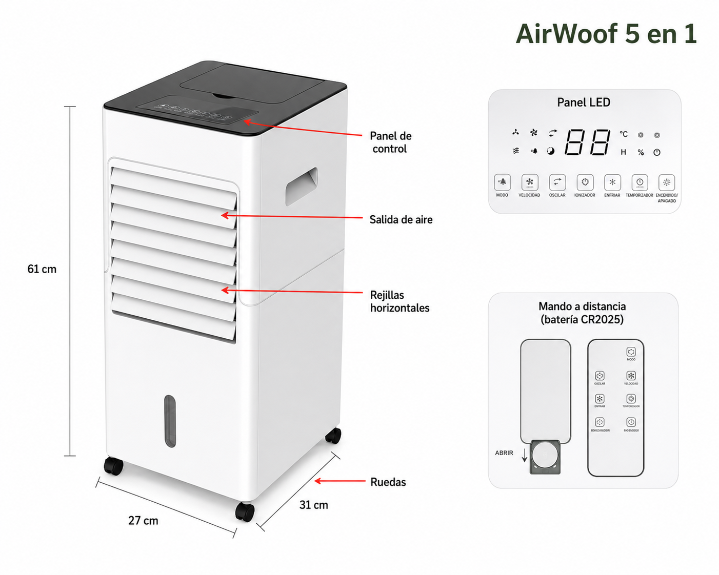 Dimensiones del climatizador portátil AirWoof 5 en 1 — 27 x 31 x 61 cm, compacto y fácil de mover por cualquier habitación