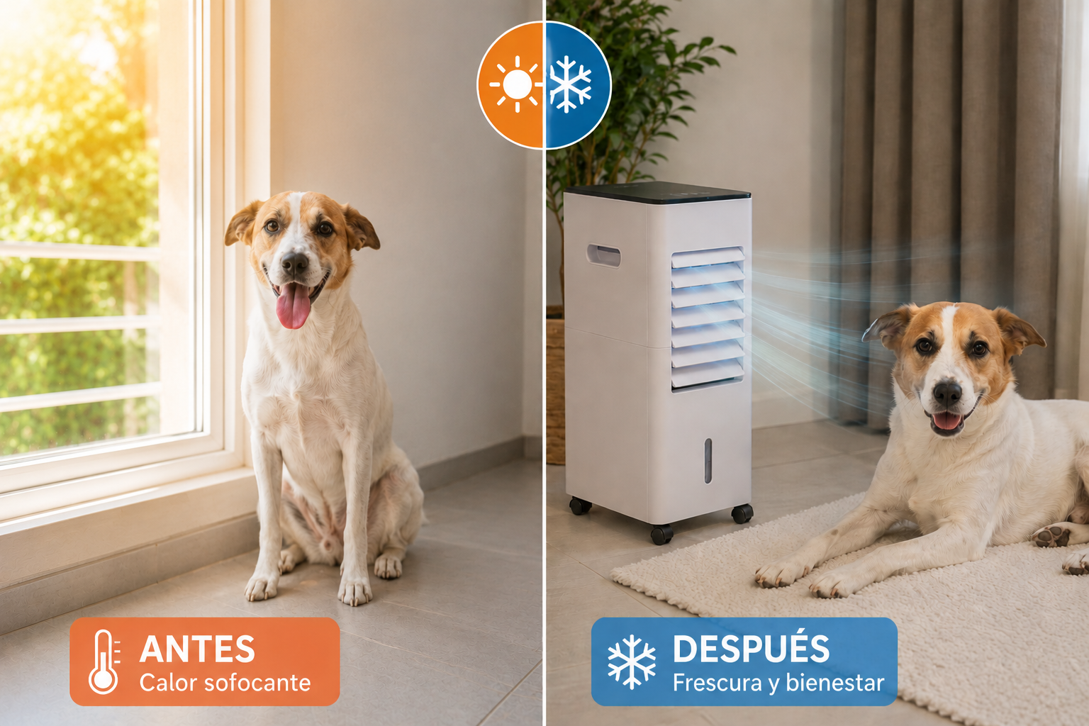 Antes y después: perro jadeando por el calor vs perro descansando fresco junto al climatizador portátil AirWoof 5 en 1