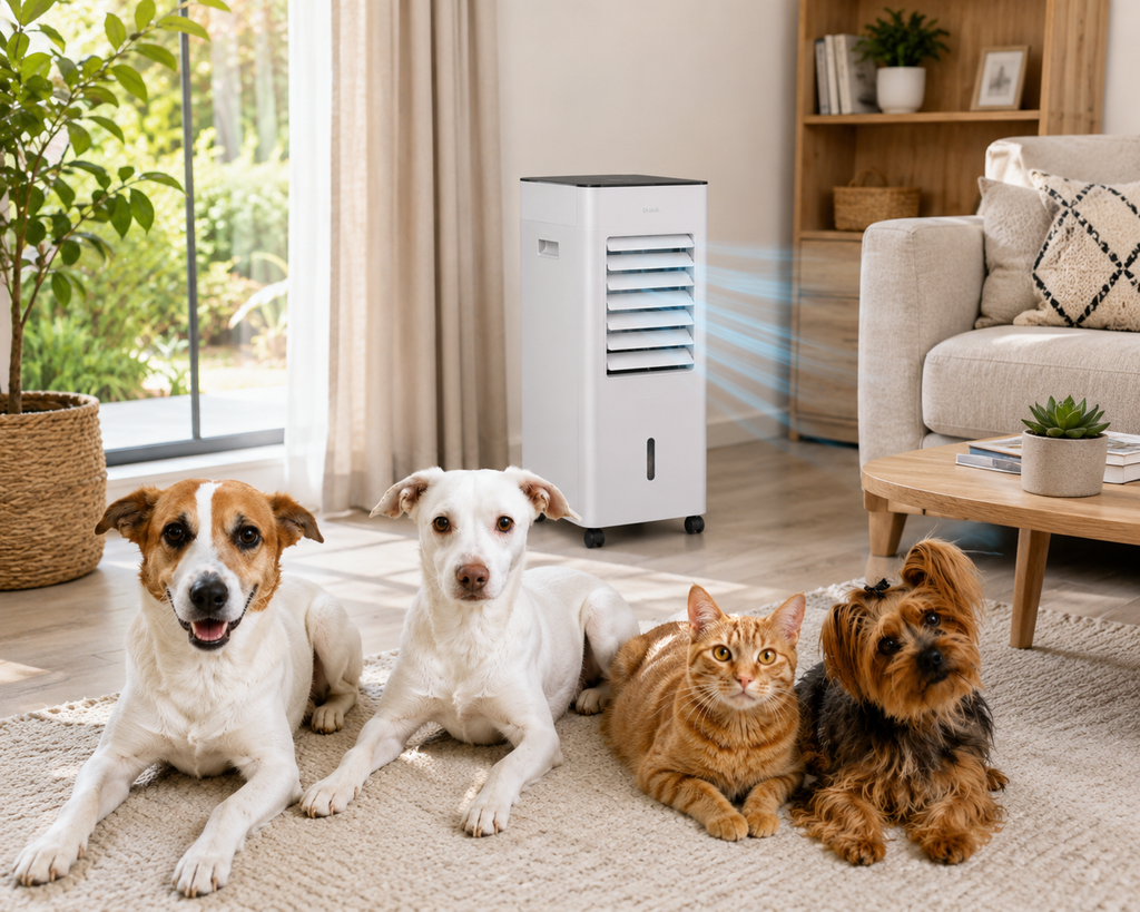 Varios perros descansando juntos y tranquilos en un salón fresco gracias al climatizador portátil AirWoof 5 en 1